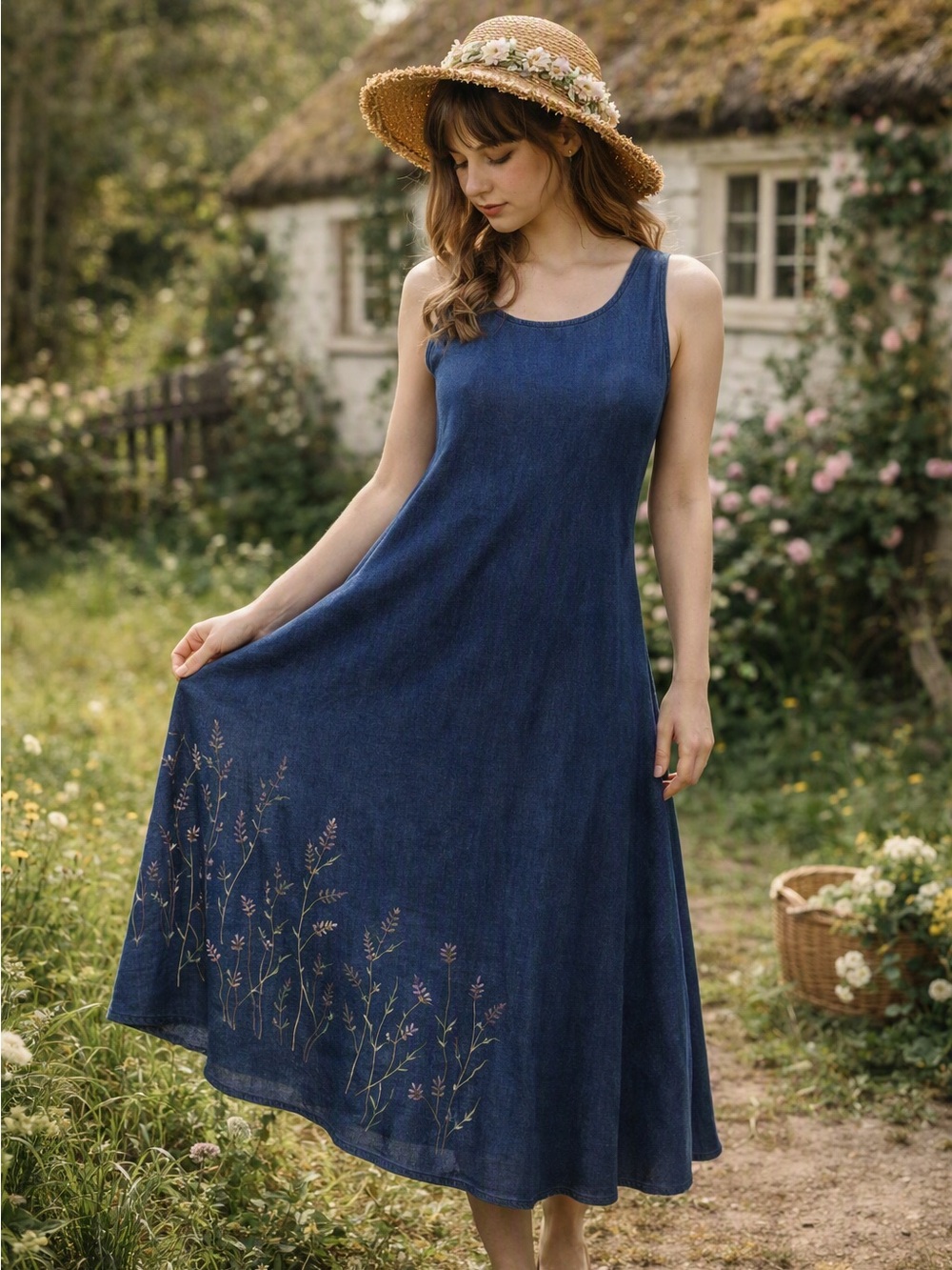 Jane Ashley Navy Sleeveless Cotton Maxi Dress with Lavender Floral Embroidery